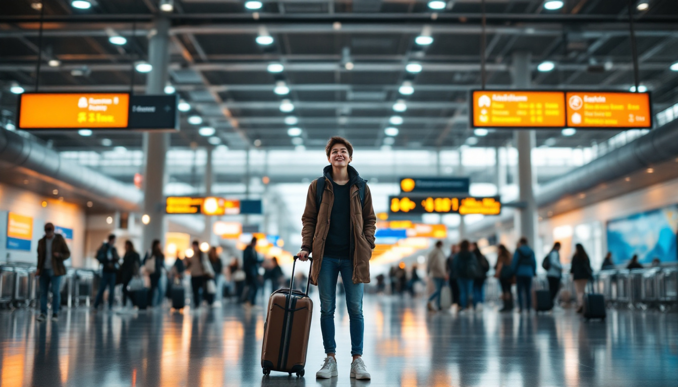 A photograph of a traveler standing at a bustling airport terminal