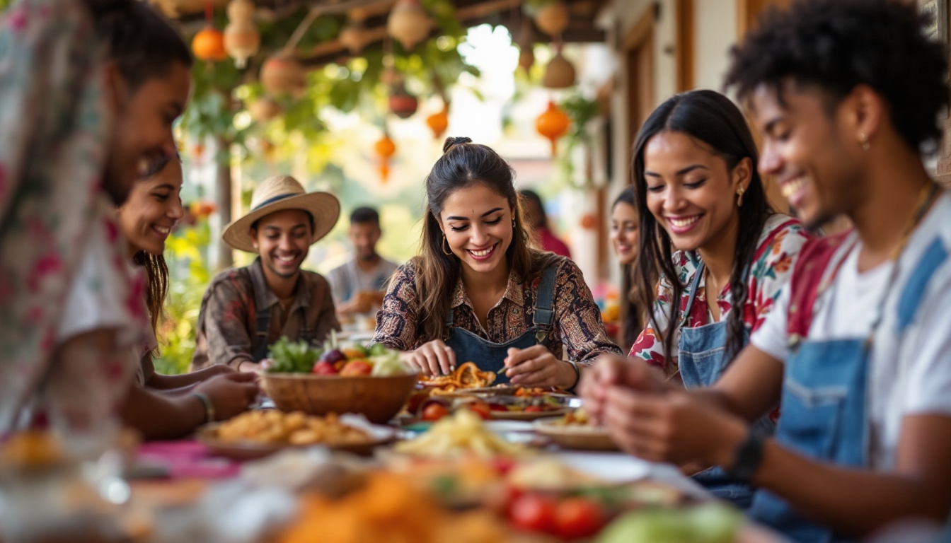 A photograph of a vibrant scene showcasing diverse individuals engaging in cultural activities