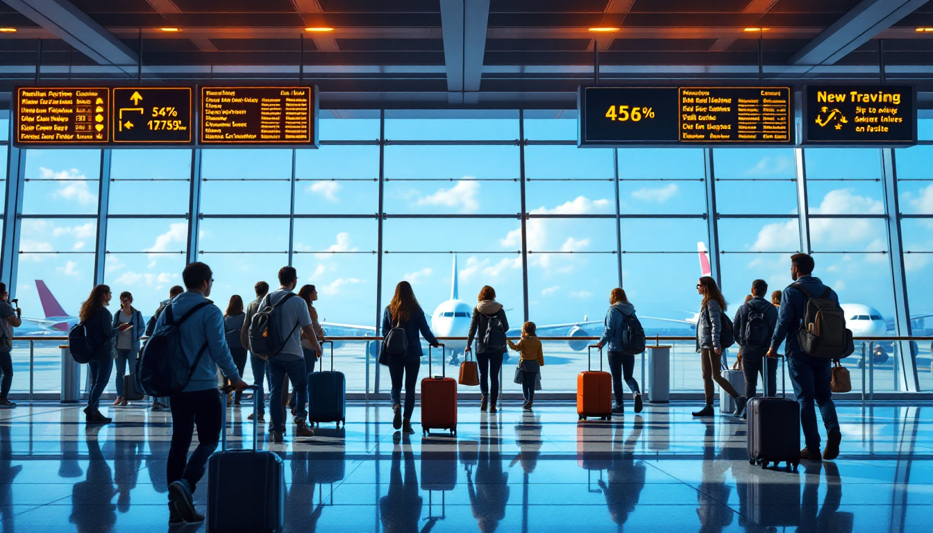 A photograph of a bustling airport scene that showcases diverse travelers with luggage