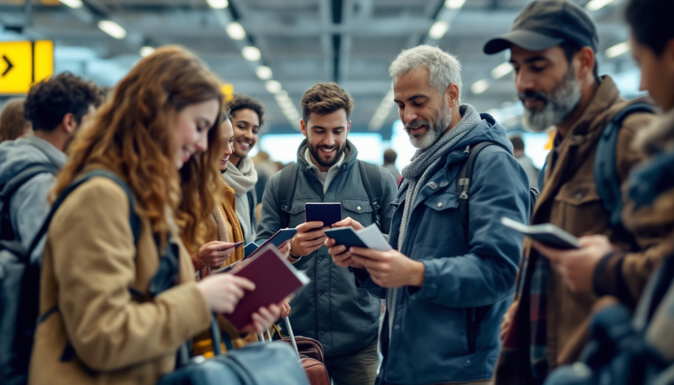 A photograph of a diverse group of travelers at an airport